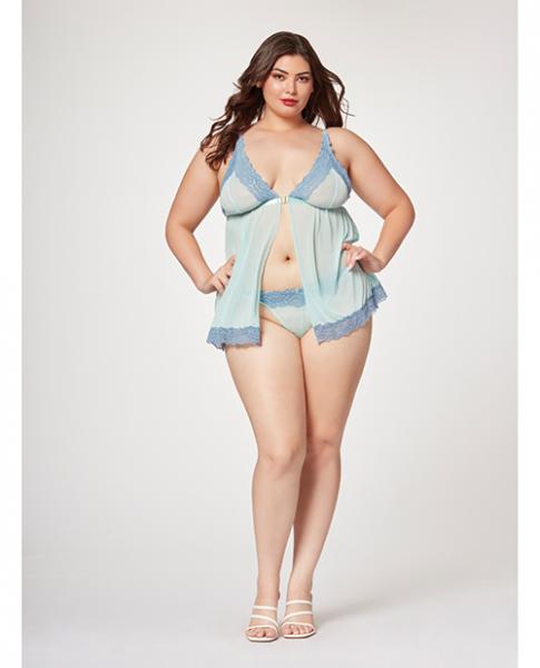 Lace &amp; Mesh Triangle Cup Babydoll &amp; Thong Blue 1x/2x