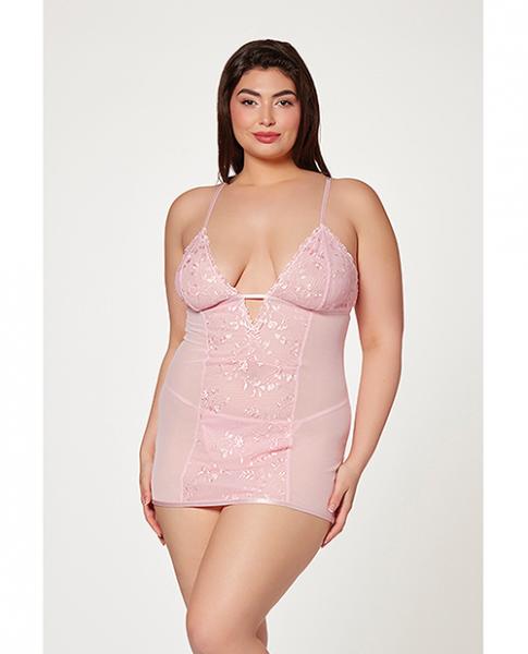 Floral Mesh Chemise &amp; G-string Pink 3x/4x