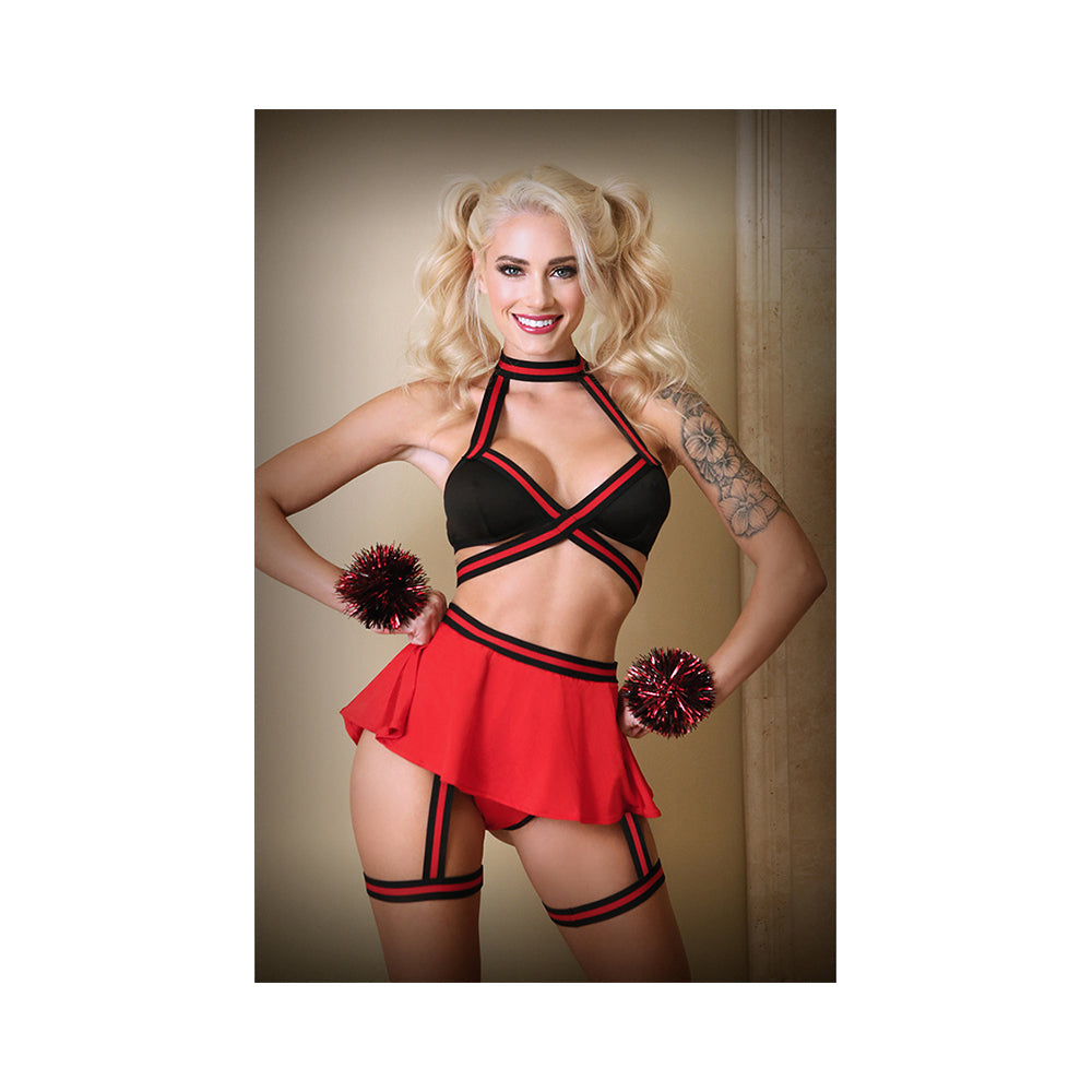 Bralette, Skirt Panty, With Detachable Leg Garter And Pom Pom Wristlets S/m Black And Red