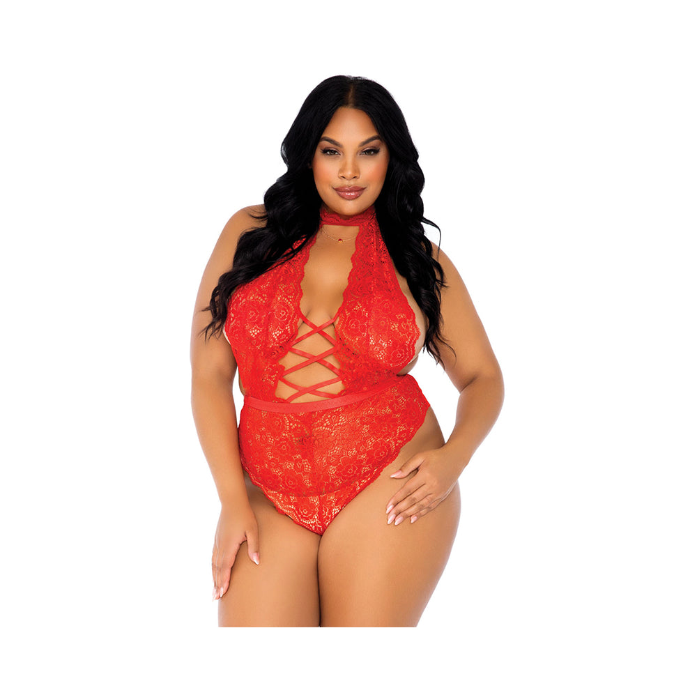 High Neck Floral Backless Teddy With Crotchless Thong Panty Red 1x/2x