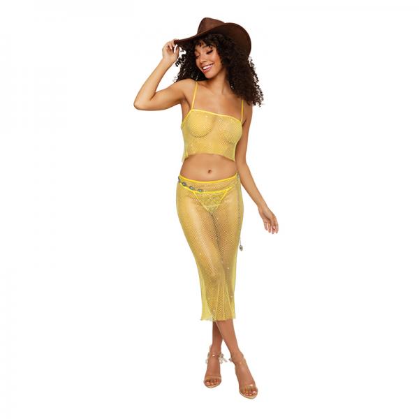 Dreamgirl Iridescent Rhinestone Embellished Fishnet Camisole And G-string Set Citrus M