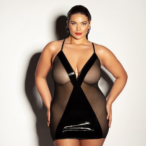 Oh L L Chri Finesse Soft Cup Fitted Vinyl And Mesh Babydoll With Matching G-string 1xl/2xl
