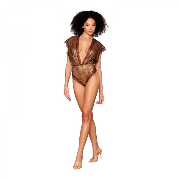 Dreamgirl Delicate Gold-foil Lace Blouson Teddy &amp; Rhinestone Metal Underwire Bra Set Gold L