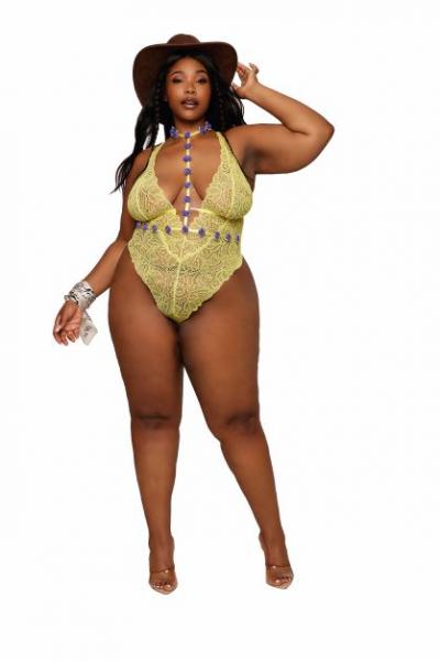 Stretch Lace Teddy &amp; Organza Rosette Harness Set Citrus Q/s