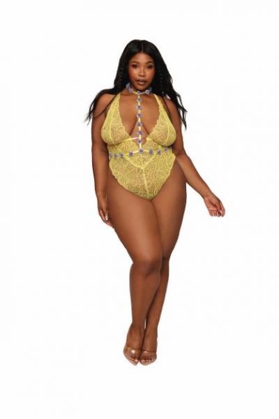Stretch Lace Teddy &amp; Organza Rosette Harness Set Citrus Q/s