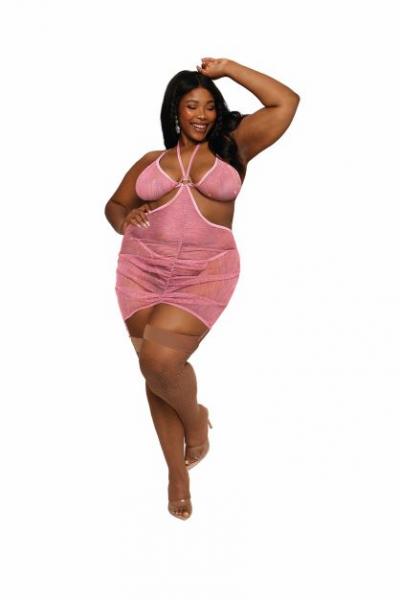 Iridescent Lurex Mesh Garter Slip &amp; G-string Set Milkshake Pink Q/s