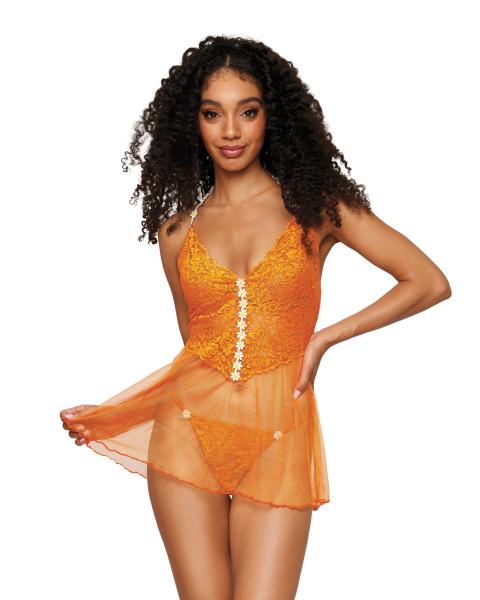 Floral Lace &amp; Mesh Babydoll W/ White Daisy Trim Tangerine O/s