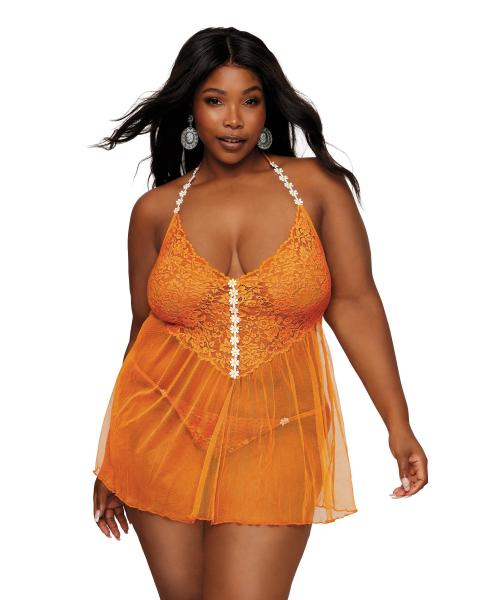 Floral Lace &amp; Mesh Babydoll W/ White Daisy Trim Tangerine Q/s