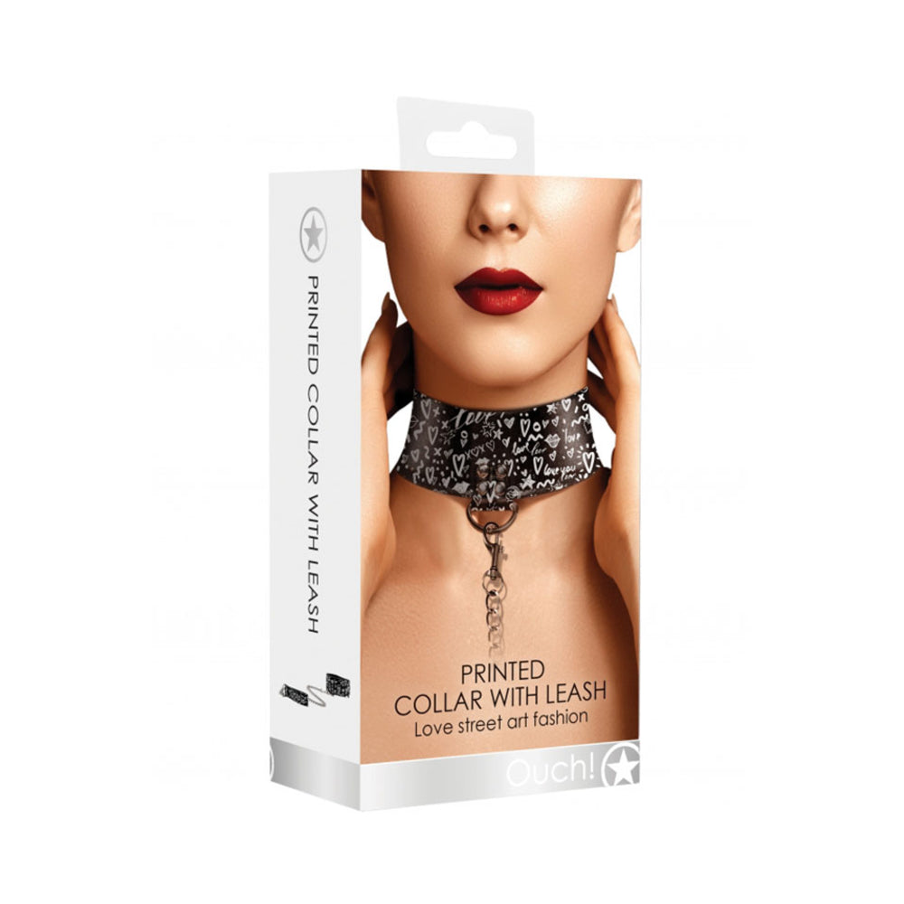 Ouch! Collar With Leash - Love Street Art Fasion - Black